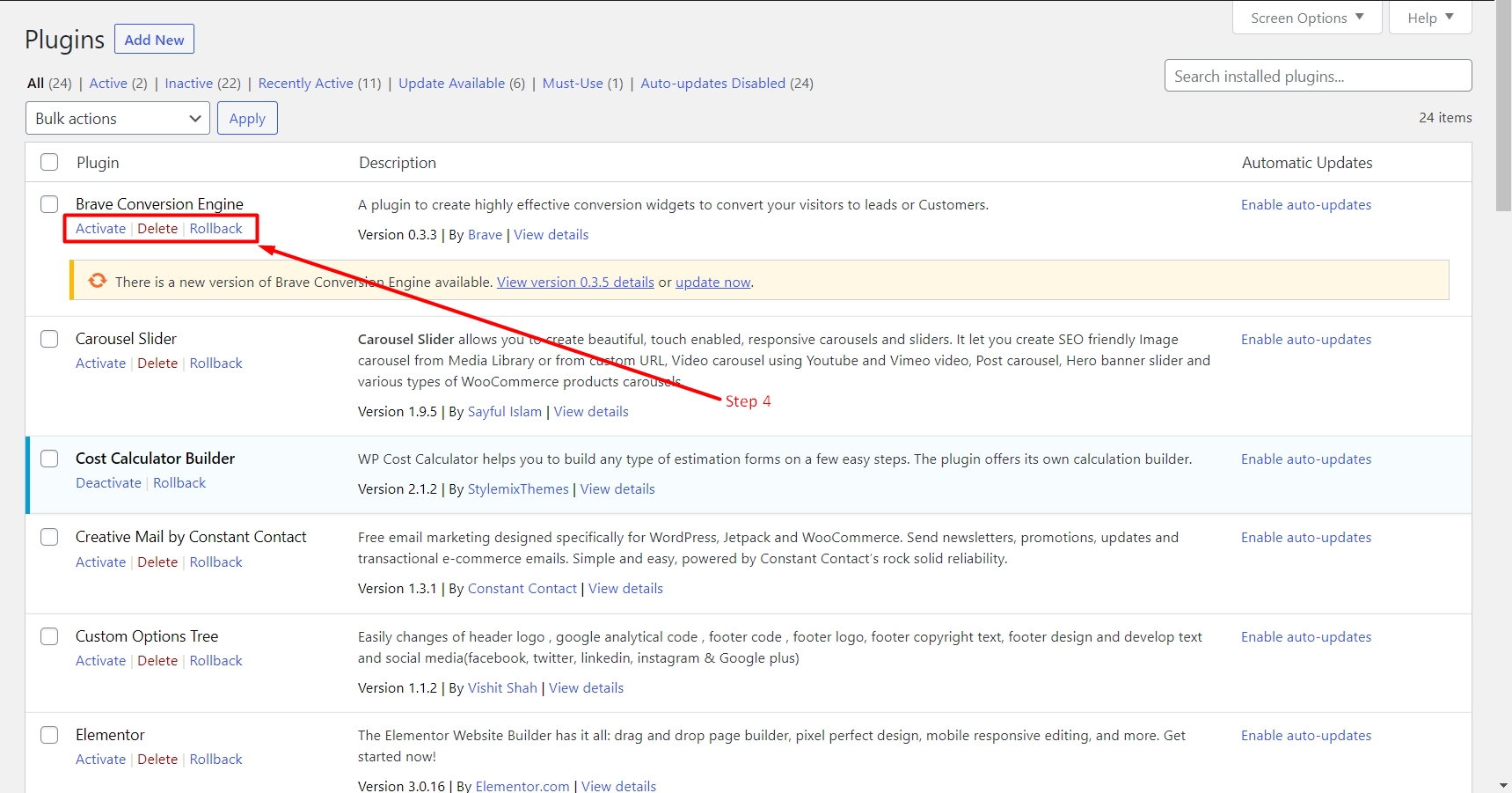 Plugin options in plugin list