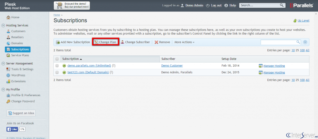 Manage Subscriptions in Plesk
