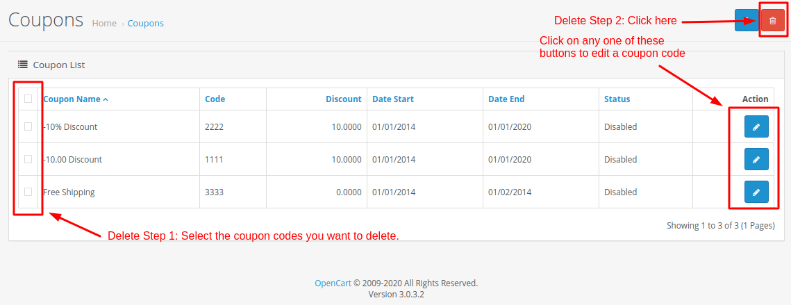 Manage coupon codes in OpenCart
