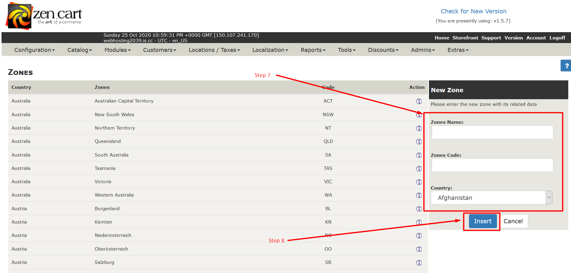 Manage zones in ZenCart - Step 7 and 8