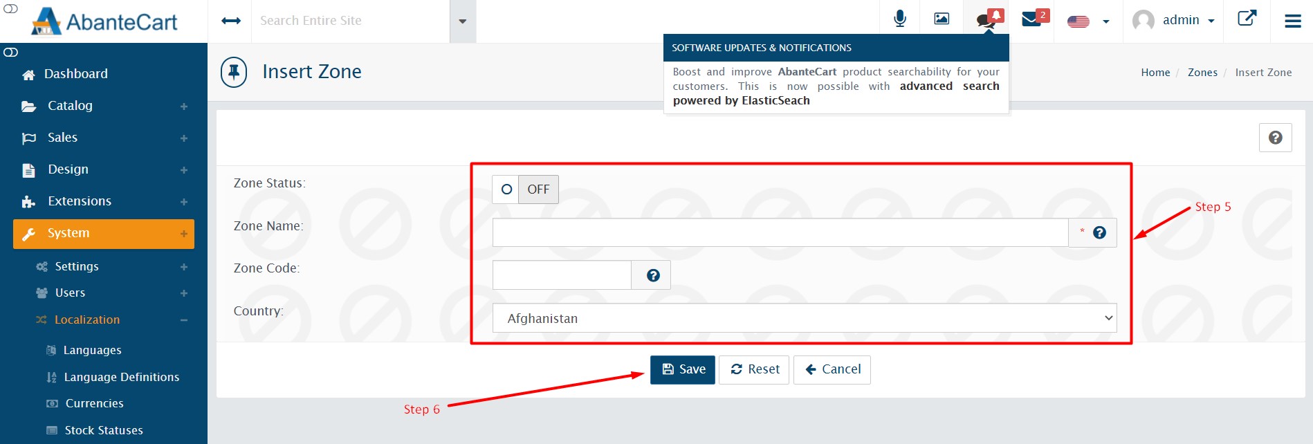 Manage zones in AbanteCart - Step 5 and 6