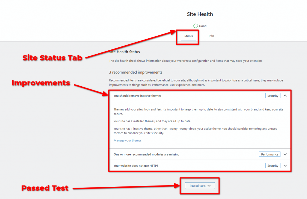Site Health Status Tab