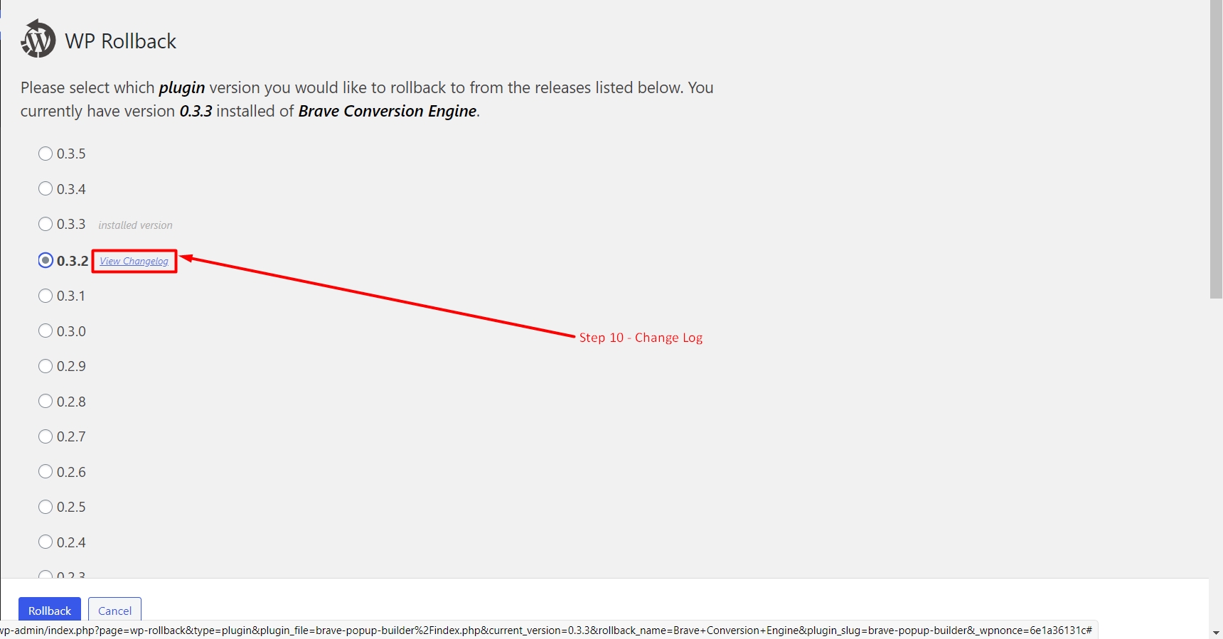 How to see changelog in WP Rollback