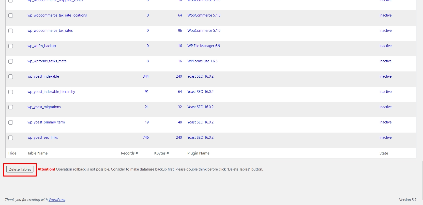 Delete unwanted database tables in WordPress