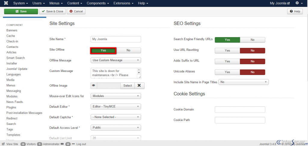 Set Joomla Site in Offline Mode