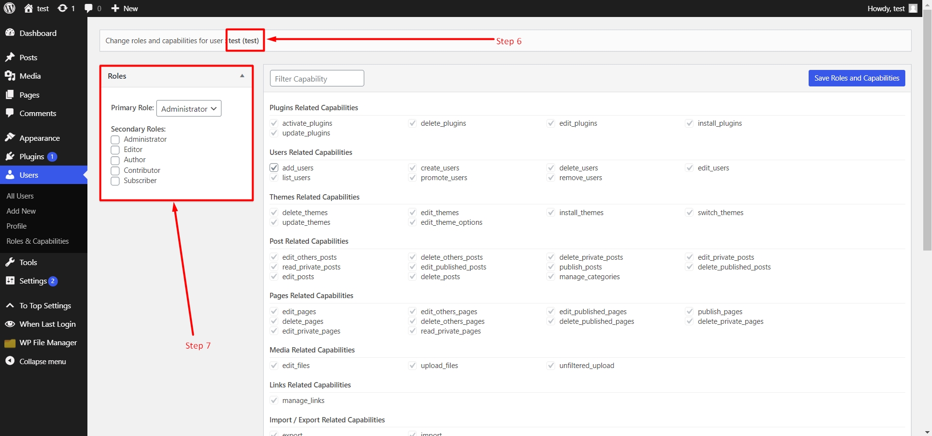 Select a role for specific user