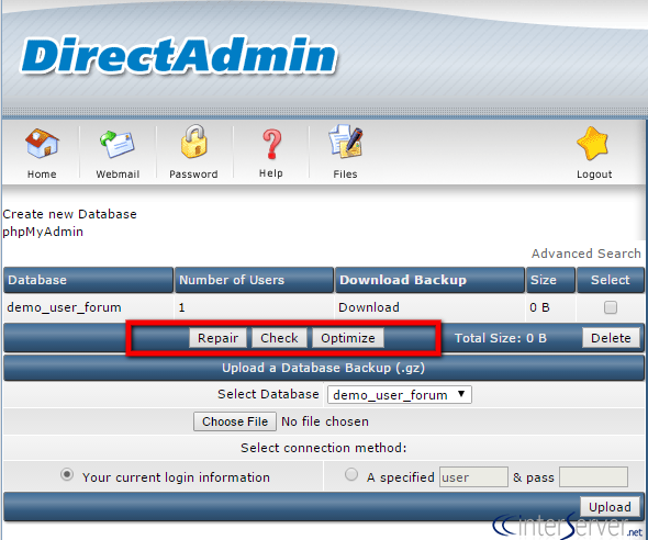 MySQL Management in Direct Admin