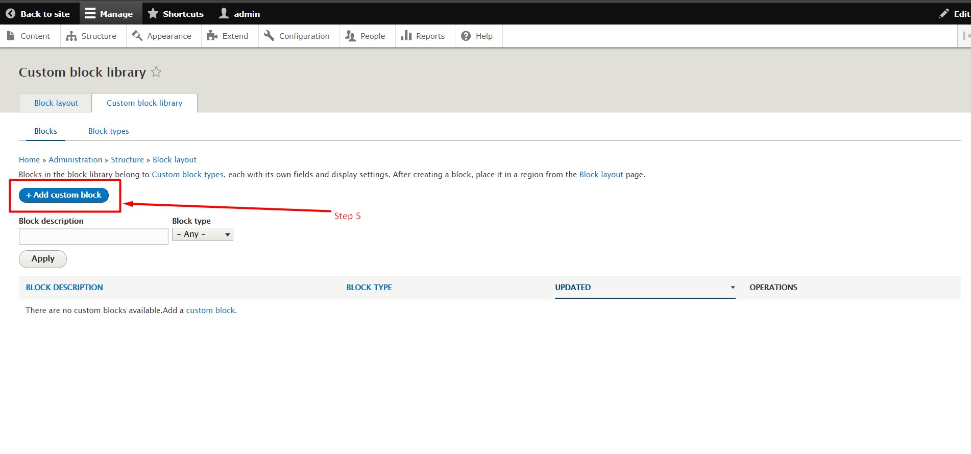 How to add custom blocks in Drupal - Step 7