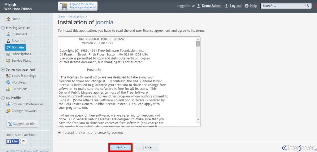 Install Joomla from Plesk