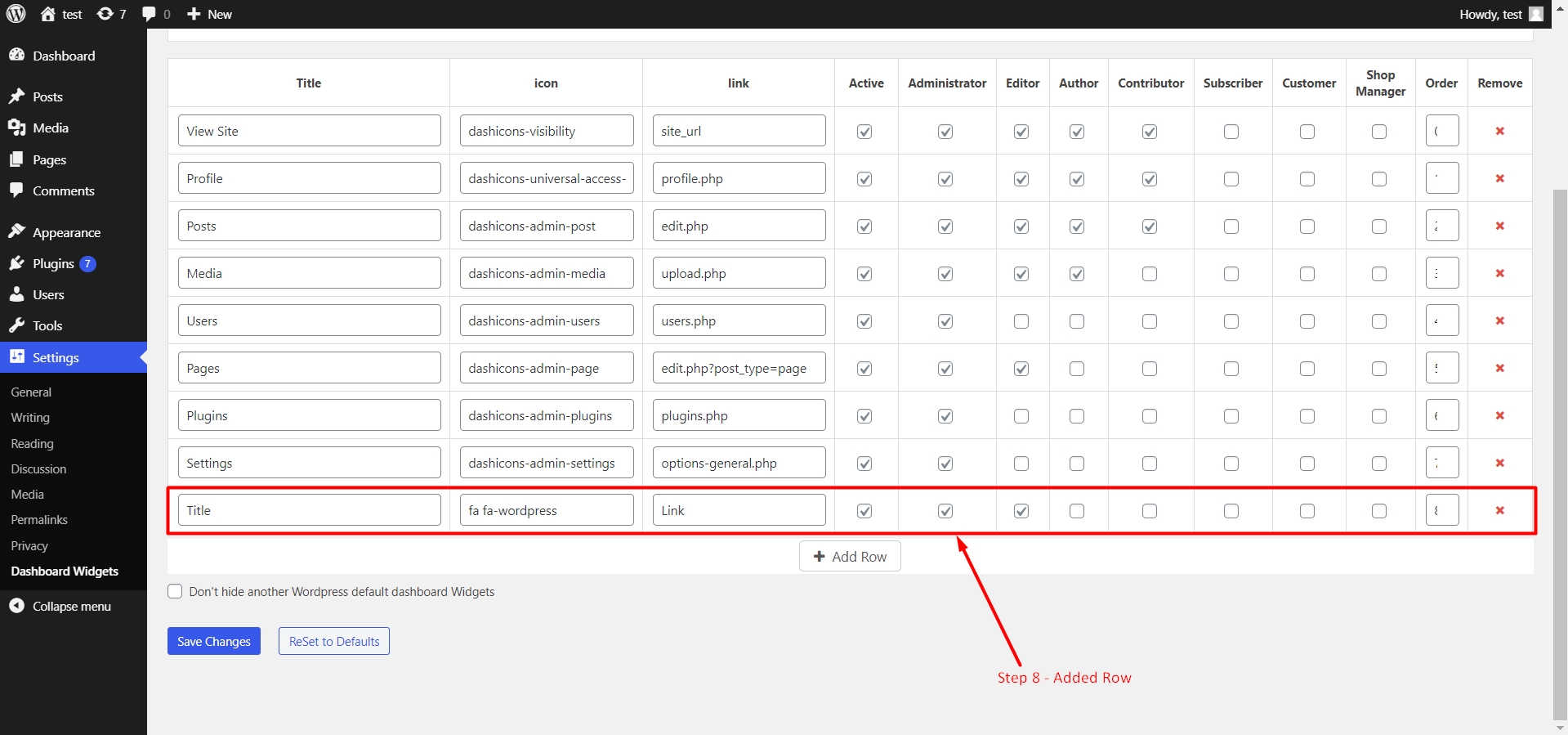 New row to create a widget