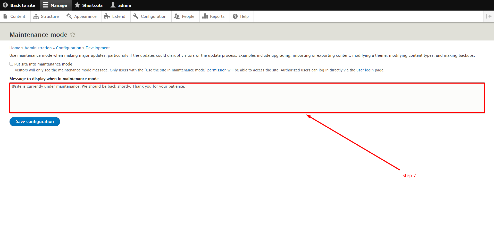 Enable maintenance mode in Drupal - Step 7