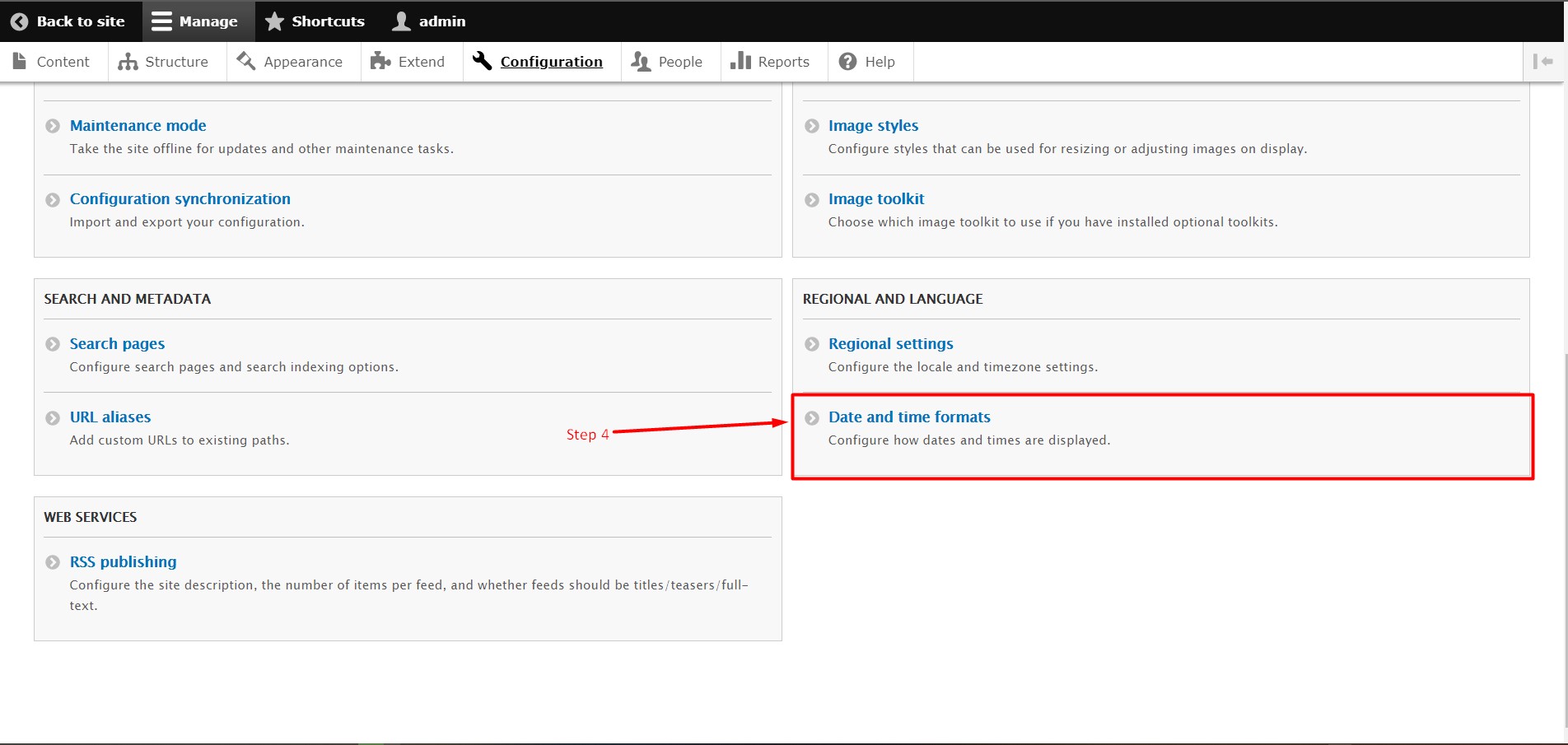 Change Date and time settings in Drupal - Step 4
