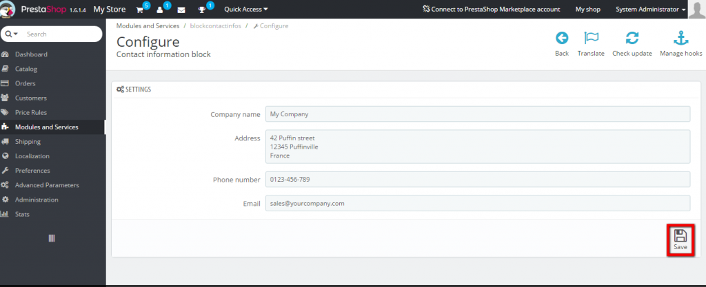 contact us information in PrestaShop