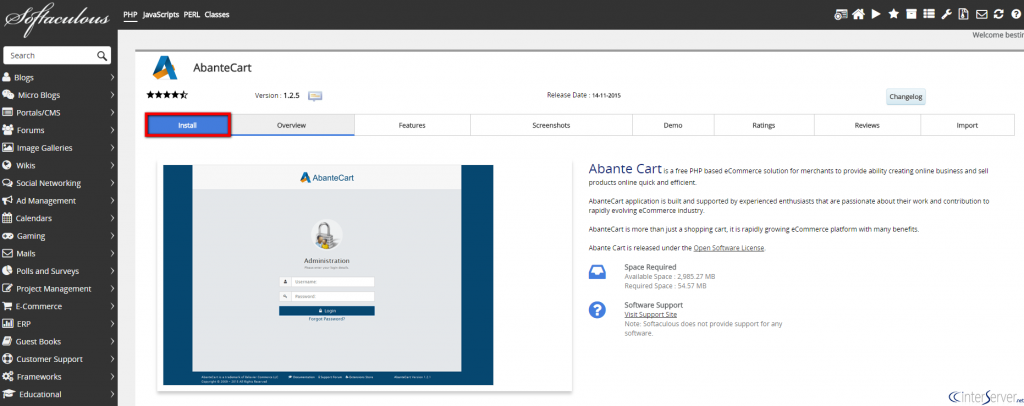 Install AbanteCart from Softaculous