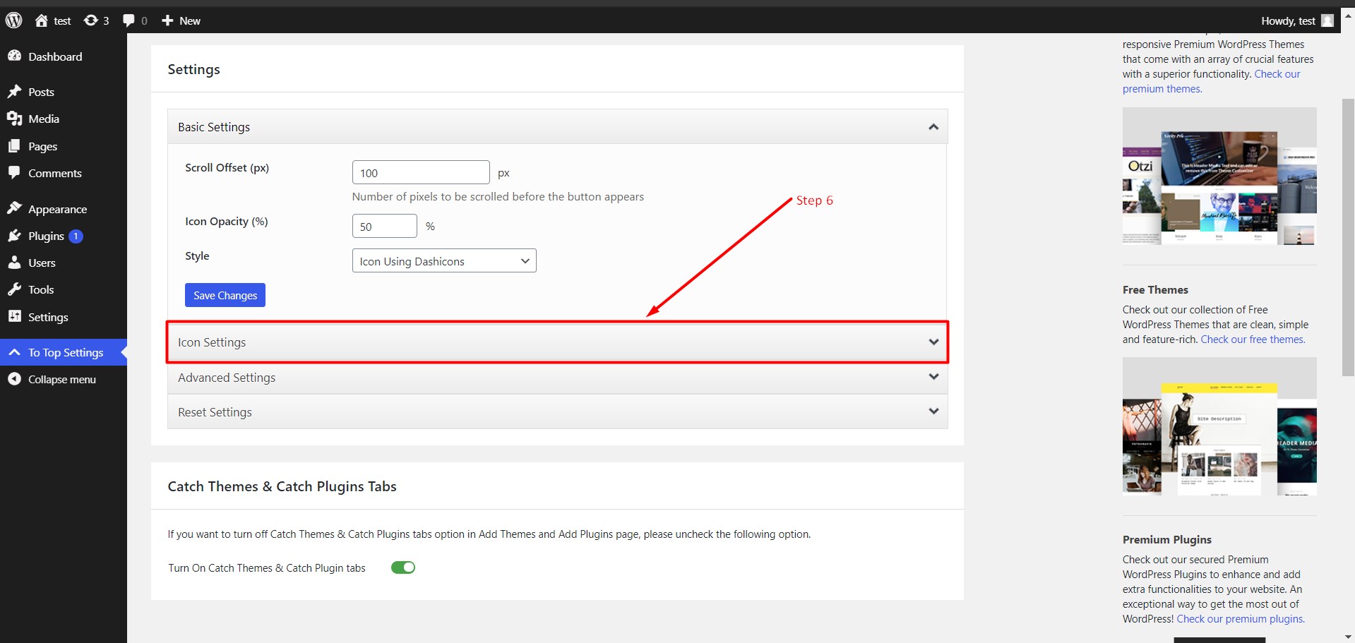 Icon settings for to top button