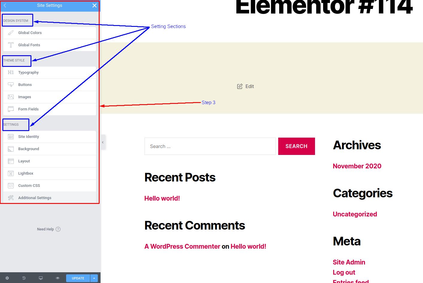 Manage website settings in Elementor - Step 3