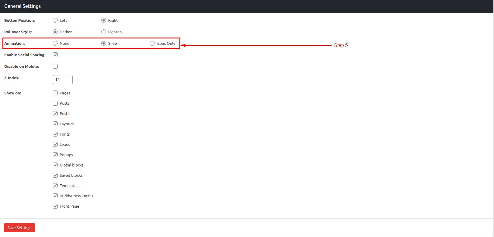 General settings for Sticky buttons in WordPress - Step 5