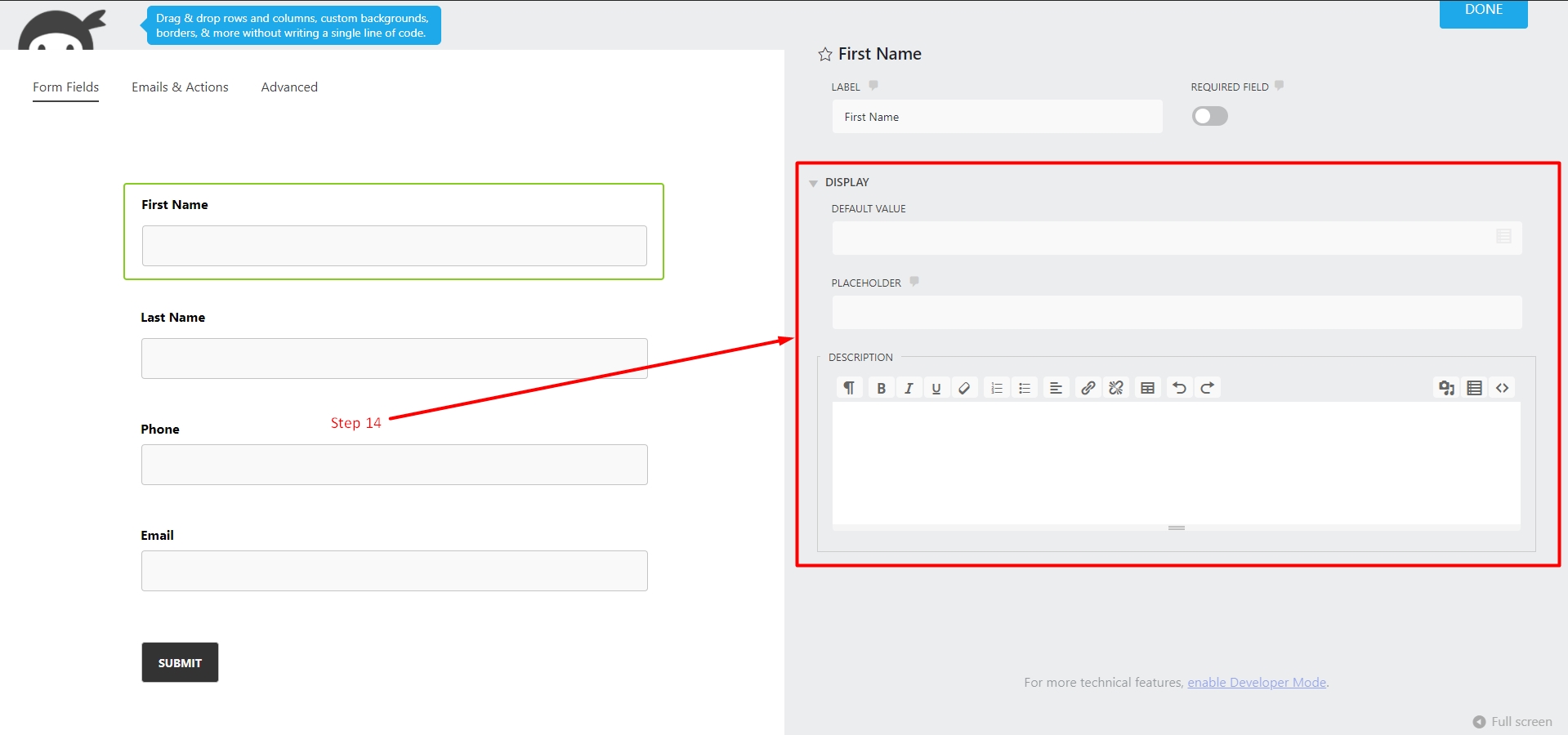 Display options for First name field in Ninja forms