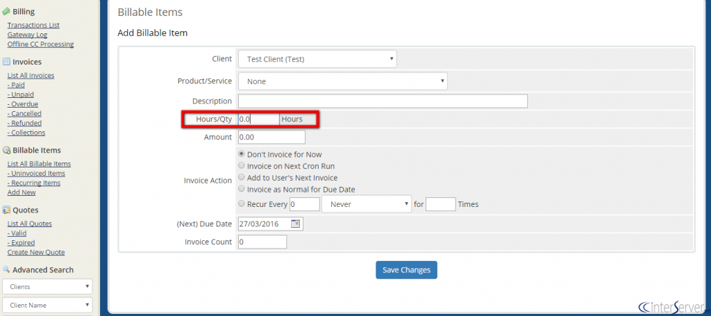 Create Billable Item in WHMCS