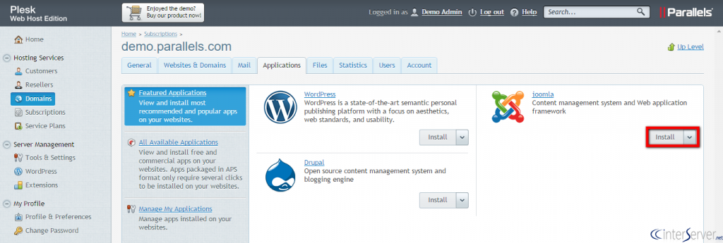 Install Joomla from Plesk