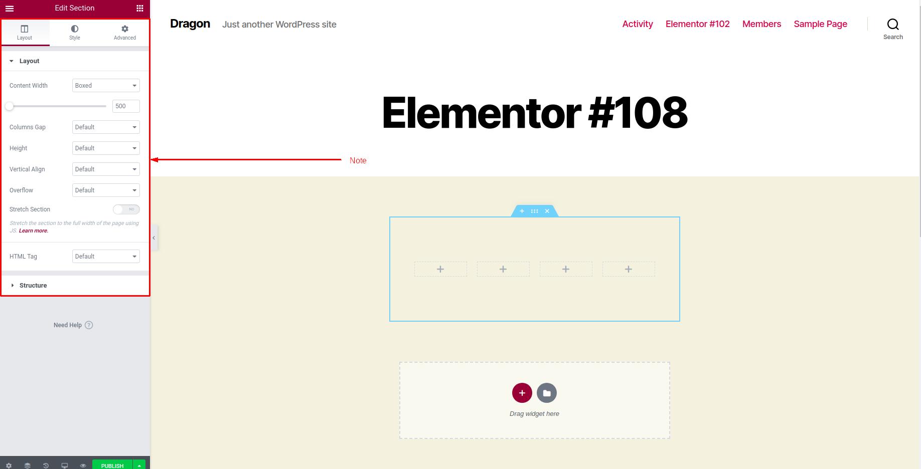 Layout settings in Elementor