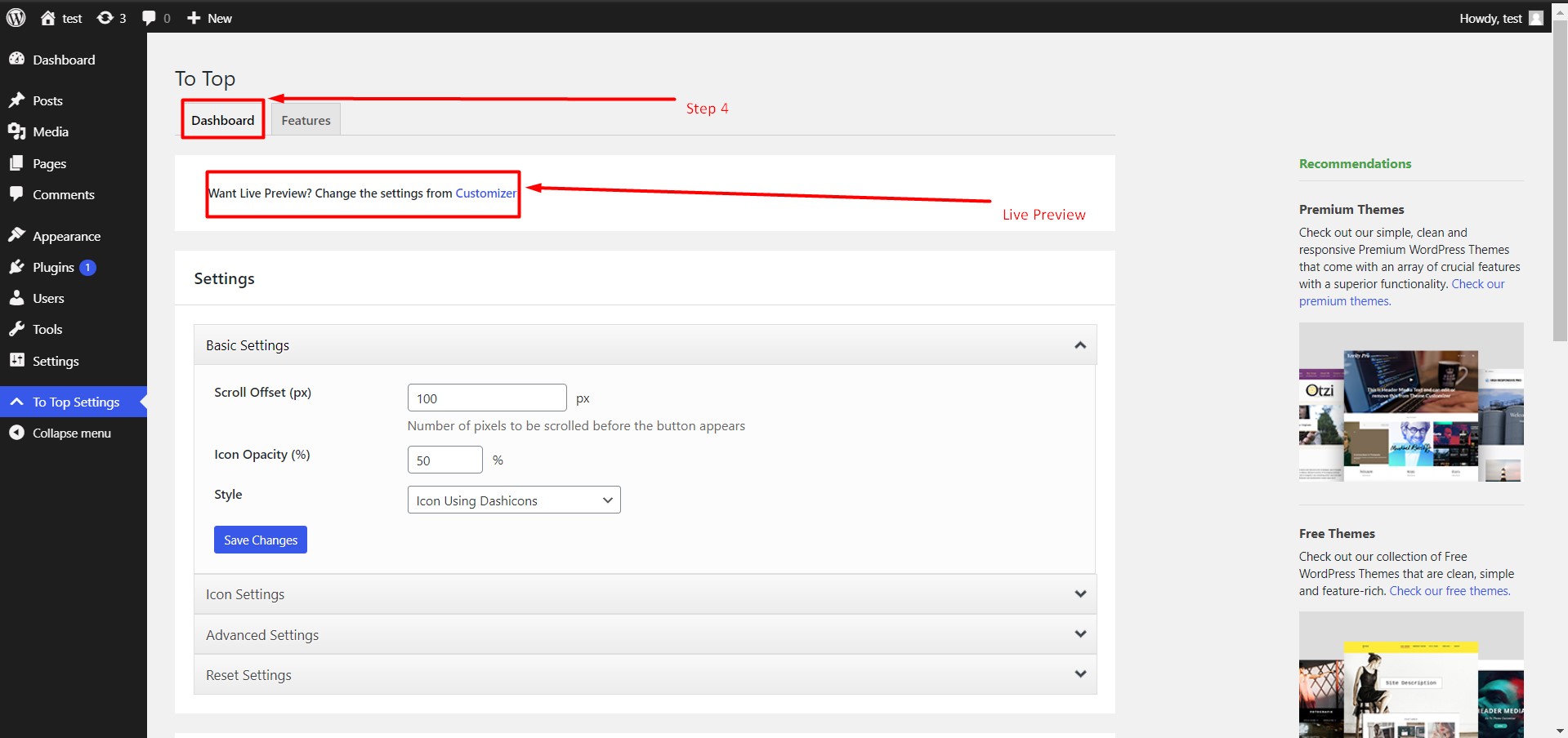 Live preview of a to top plugin