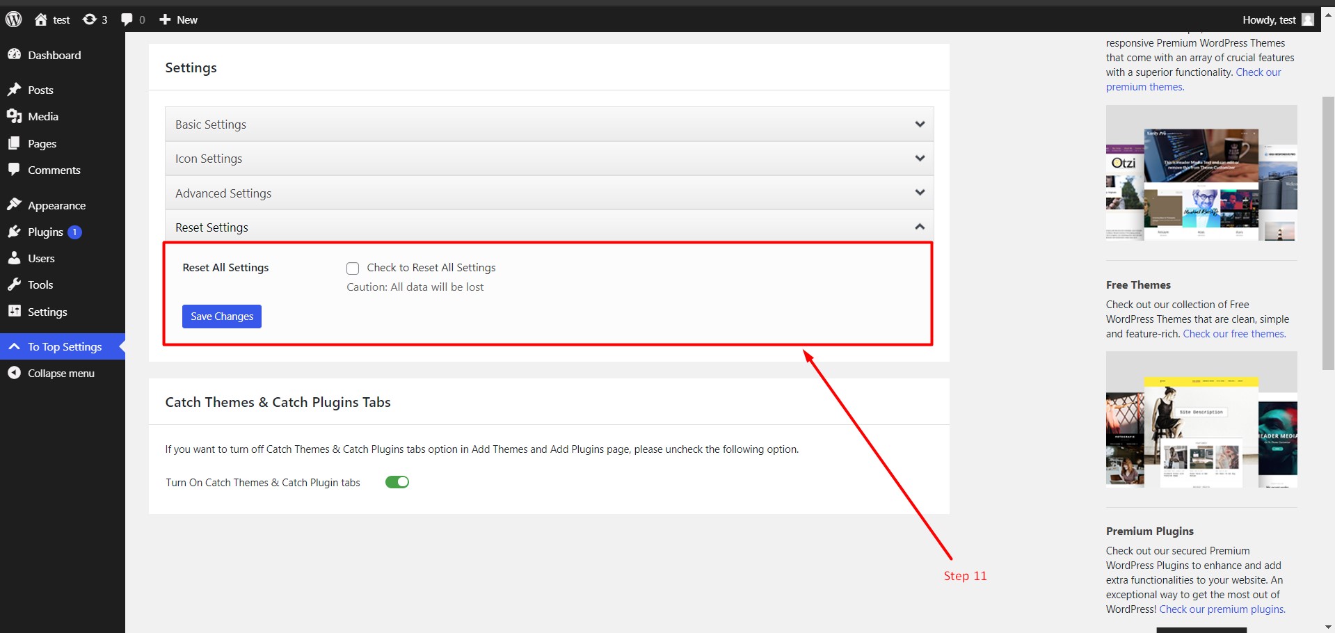 Reset settings in to top button