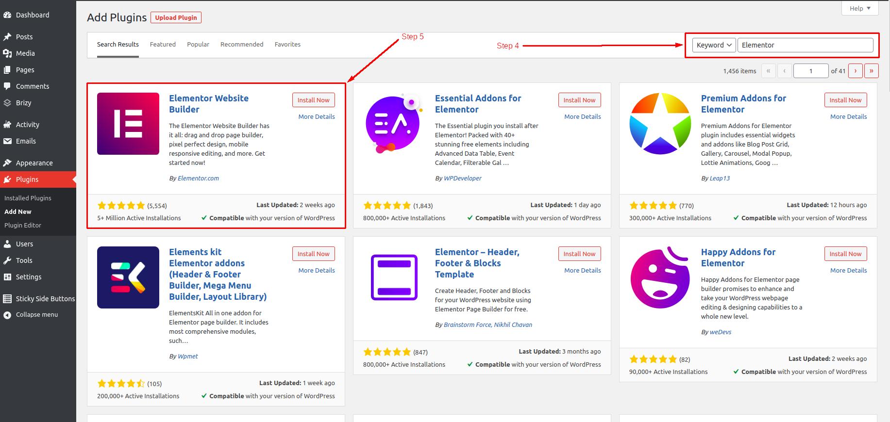 How to install Elementor in WordPress - Step 4 and 5