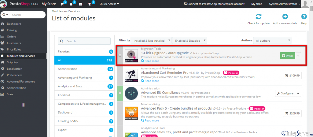 Install 1-click upgrade module in PrestaShop