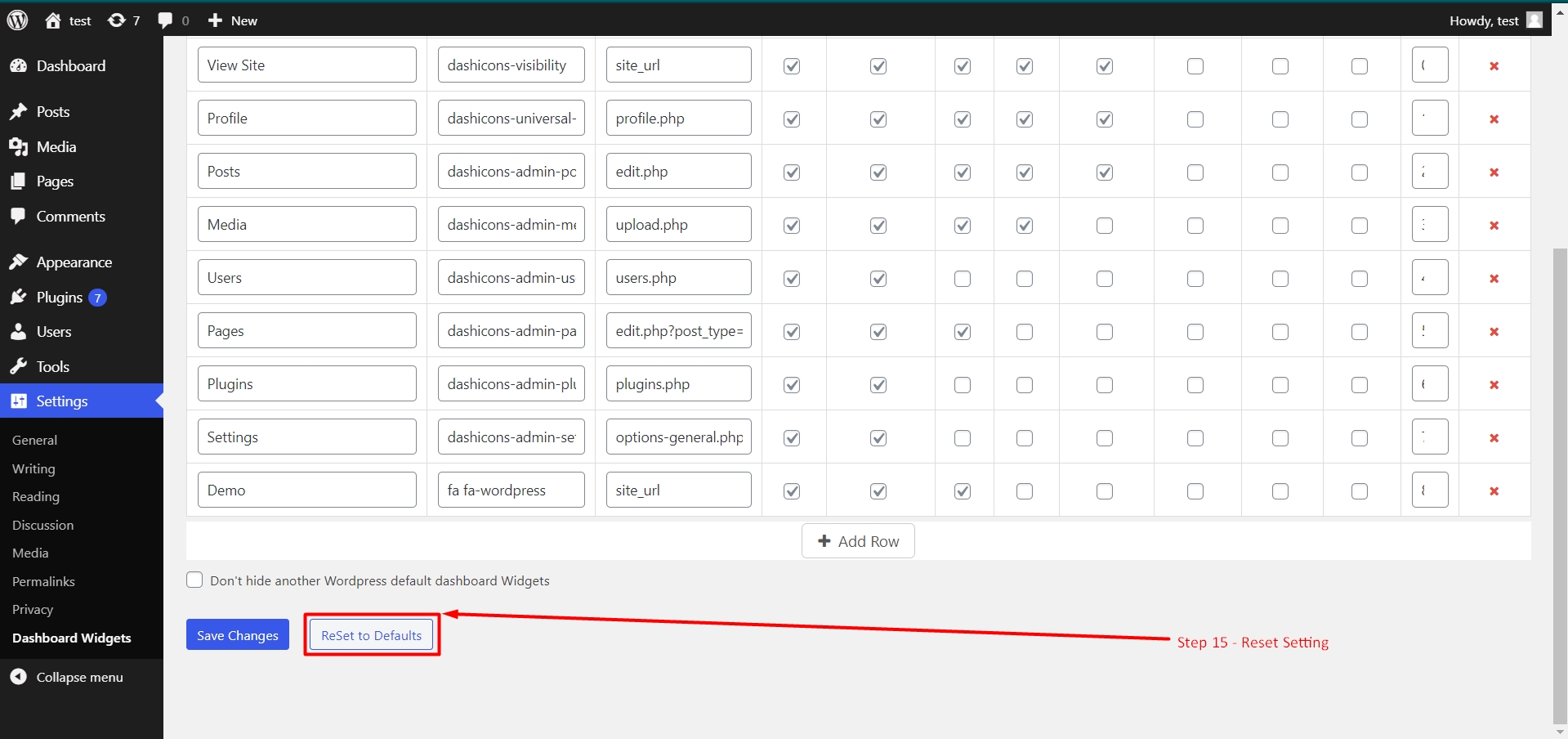 Reset dashboard widget list