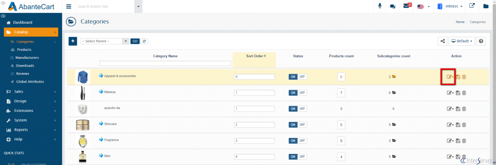 Product categories in AbanteCart