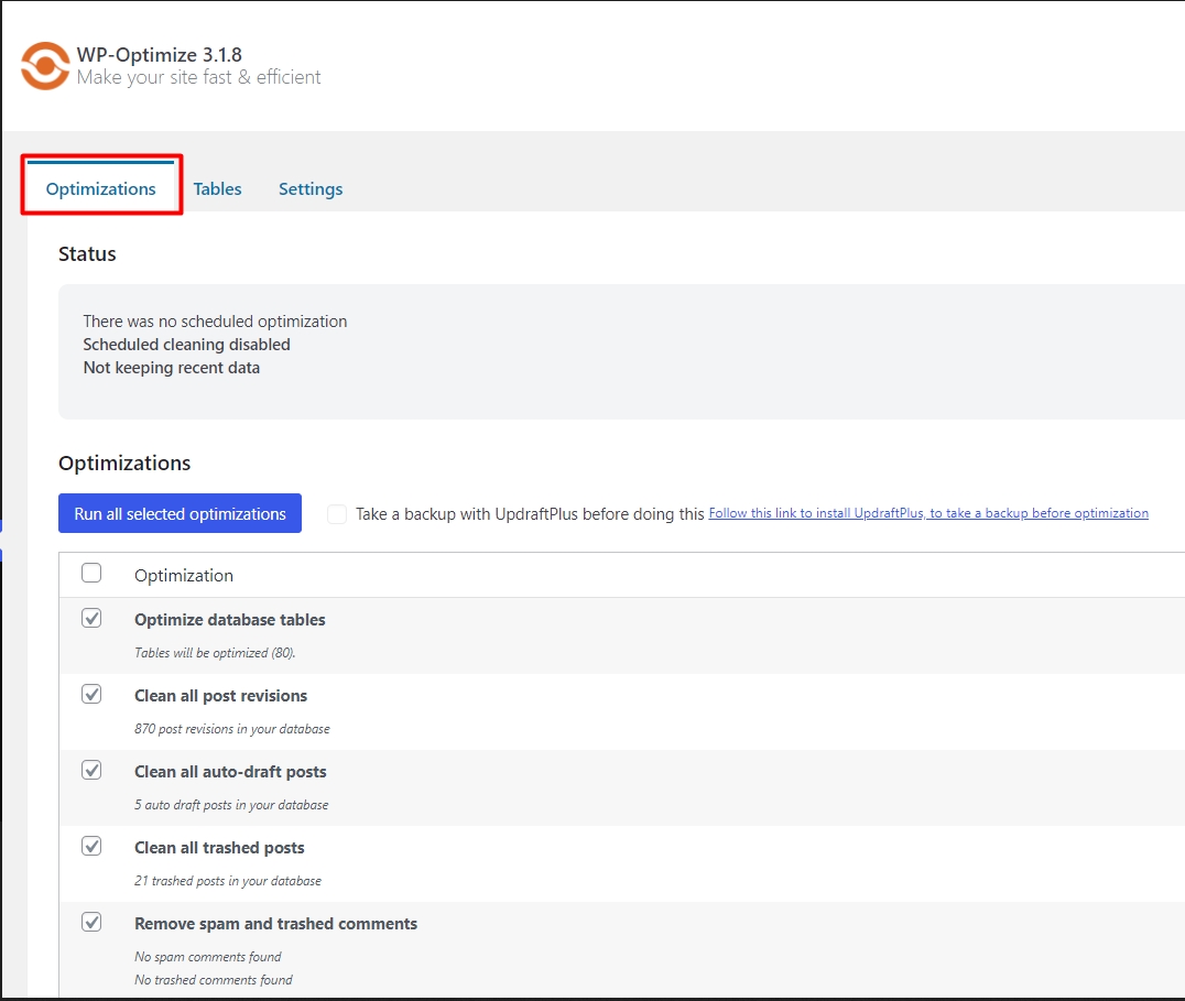 List of database optimisations available