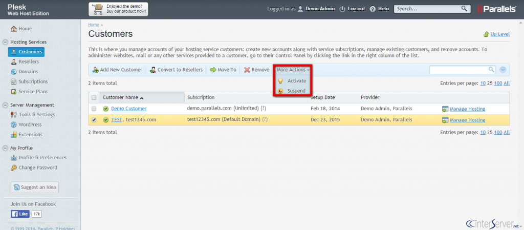 Customer Management in Plesk