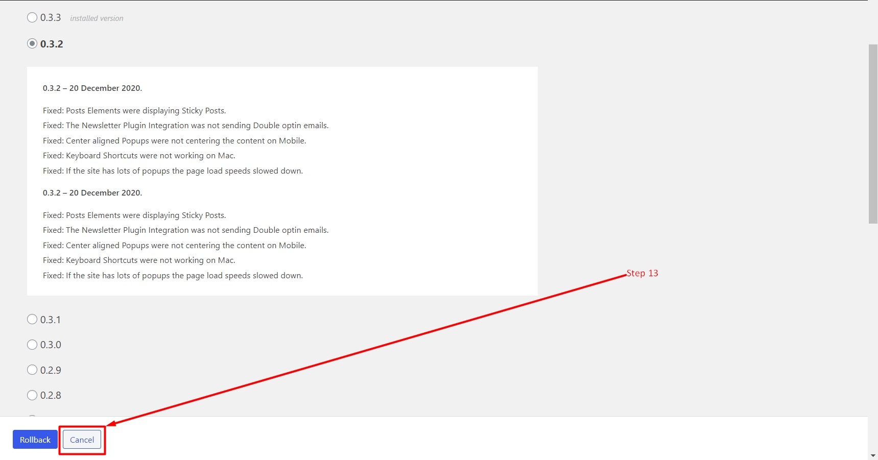 Cancel the rollback of a plugin