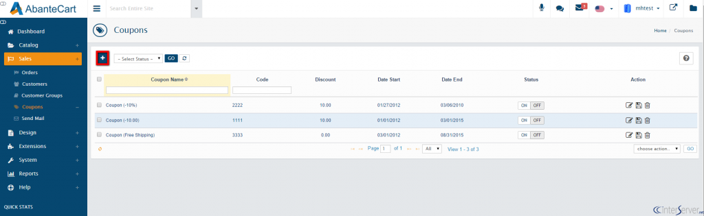 Manage coupons in AbanteCart