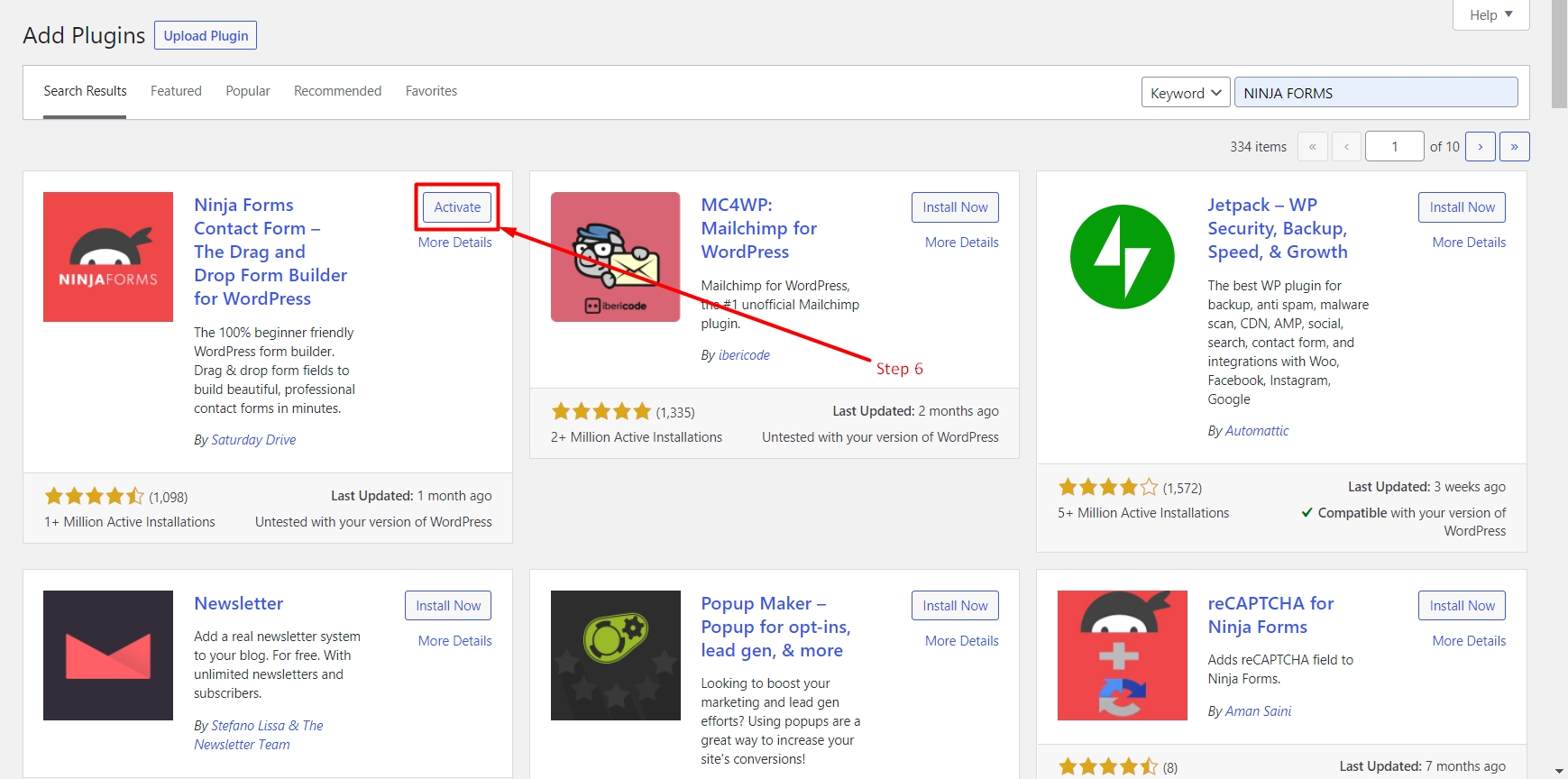 Activate Ninja Forms plugin in WordPress