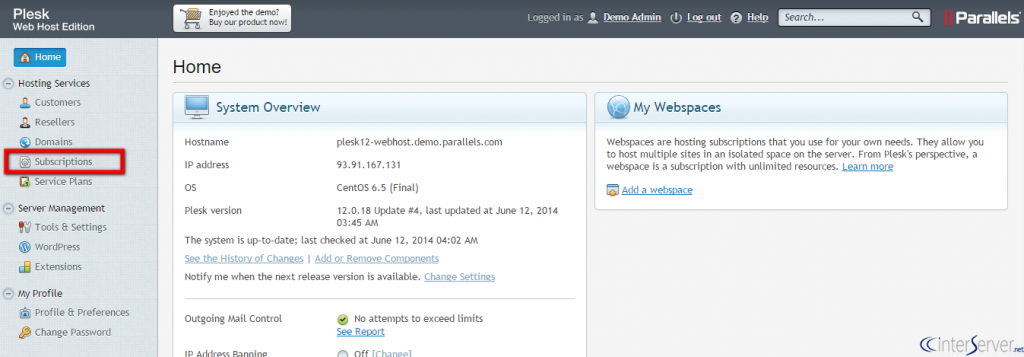 Manage Subscriptions in Plesk