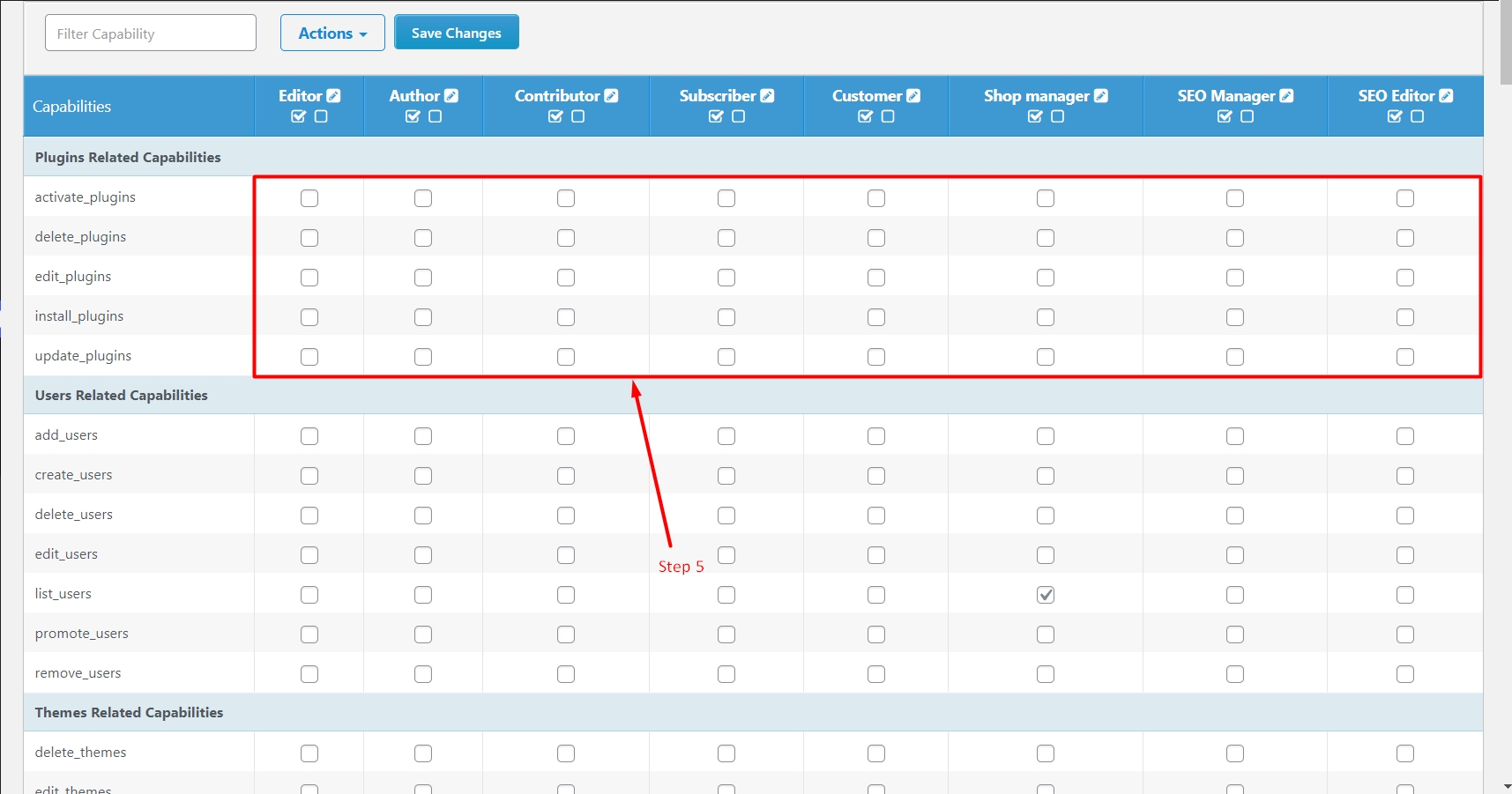 Checkboxes to change capabilities
