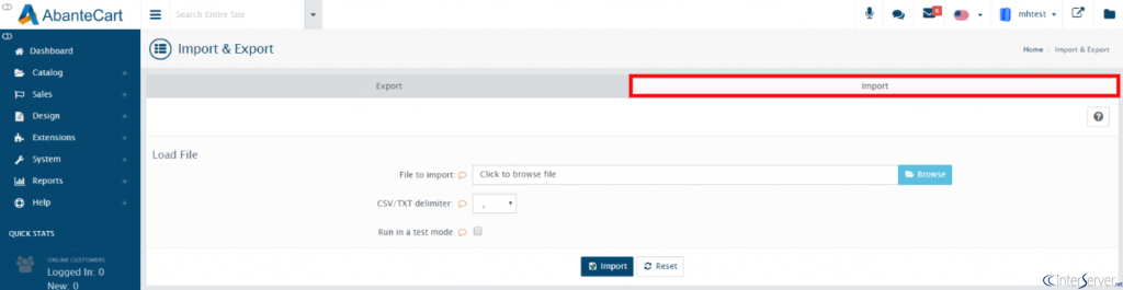 6) Select the tab ‘Import’ to import the data.