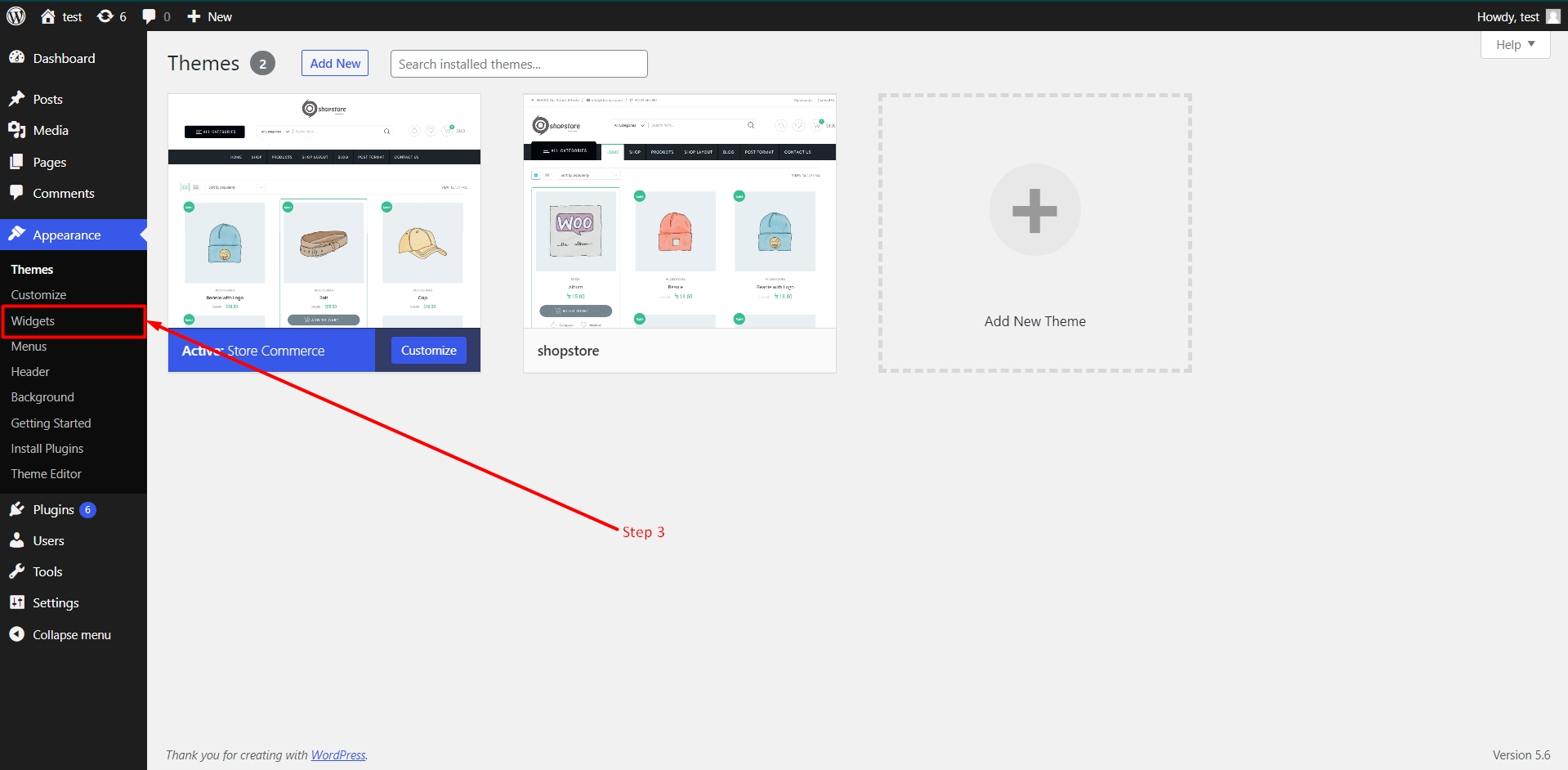 Widgets section in WordPress