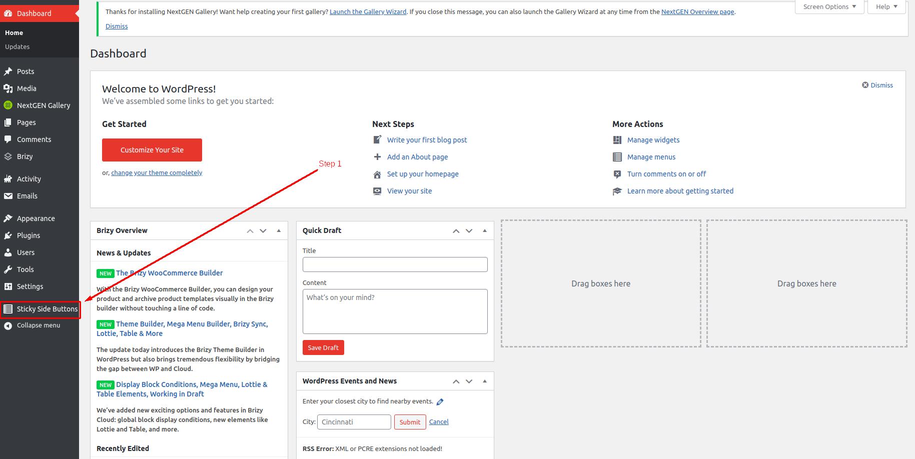 General settings for Sticky buttons in WordPress - Step 1