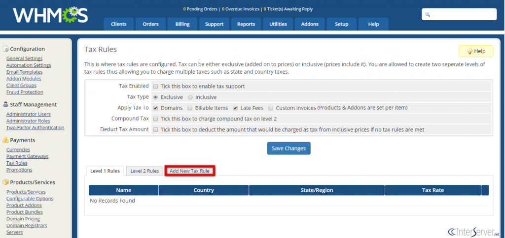 Setup Tax Rules in WHMCS