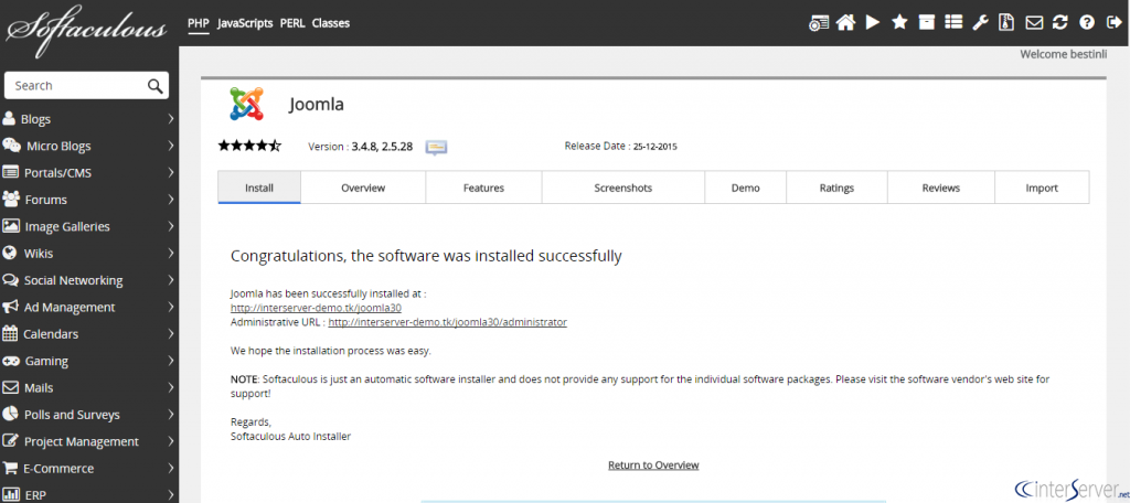 Install Joomla from Softaculous