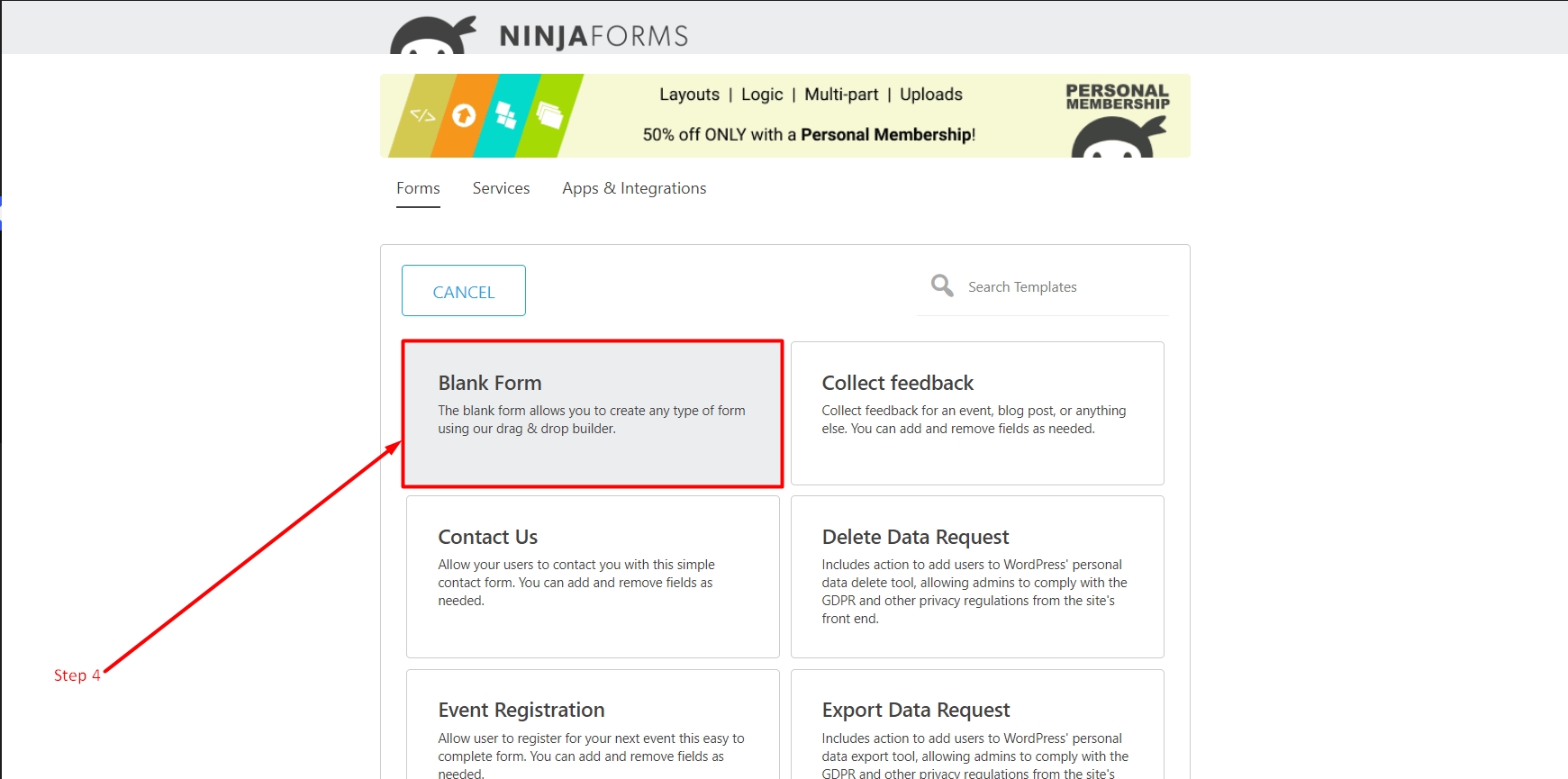 Create a blank form in Ninja forms