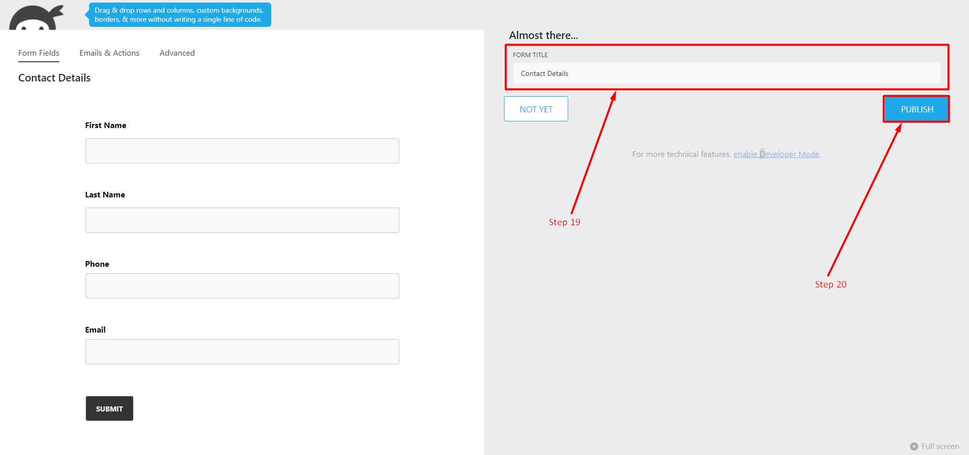 Select the form title and publish form in WordPress