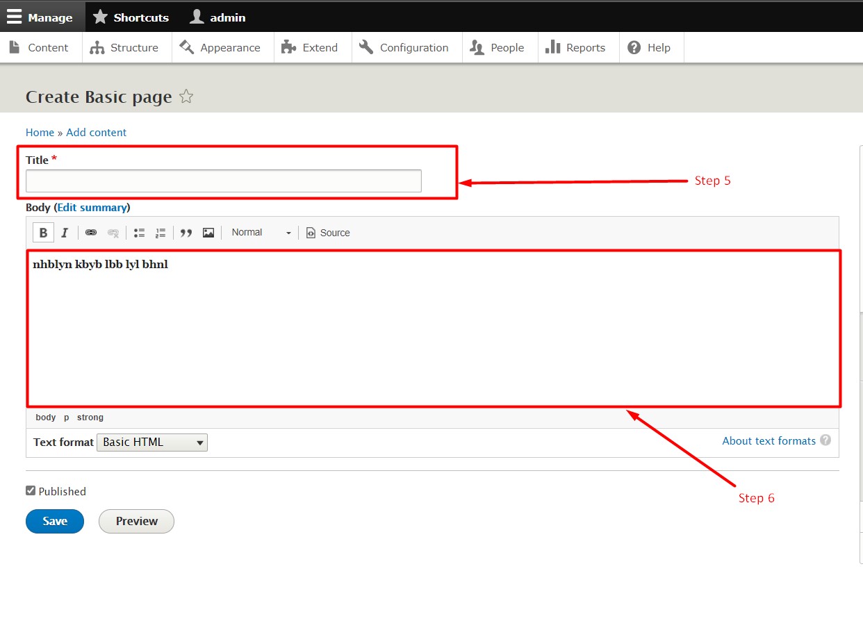 How to create pages in Drupal - Step 5 and 6