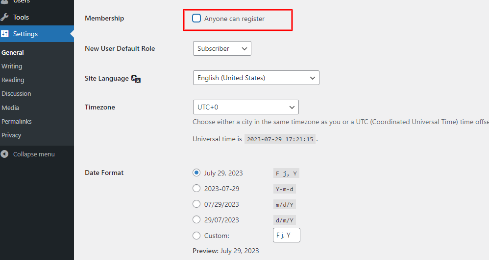 To turn off new user registrations in WordPress screenshot 2