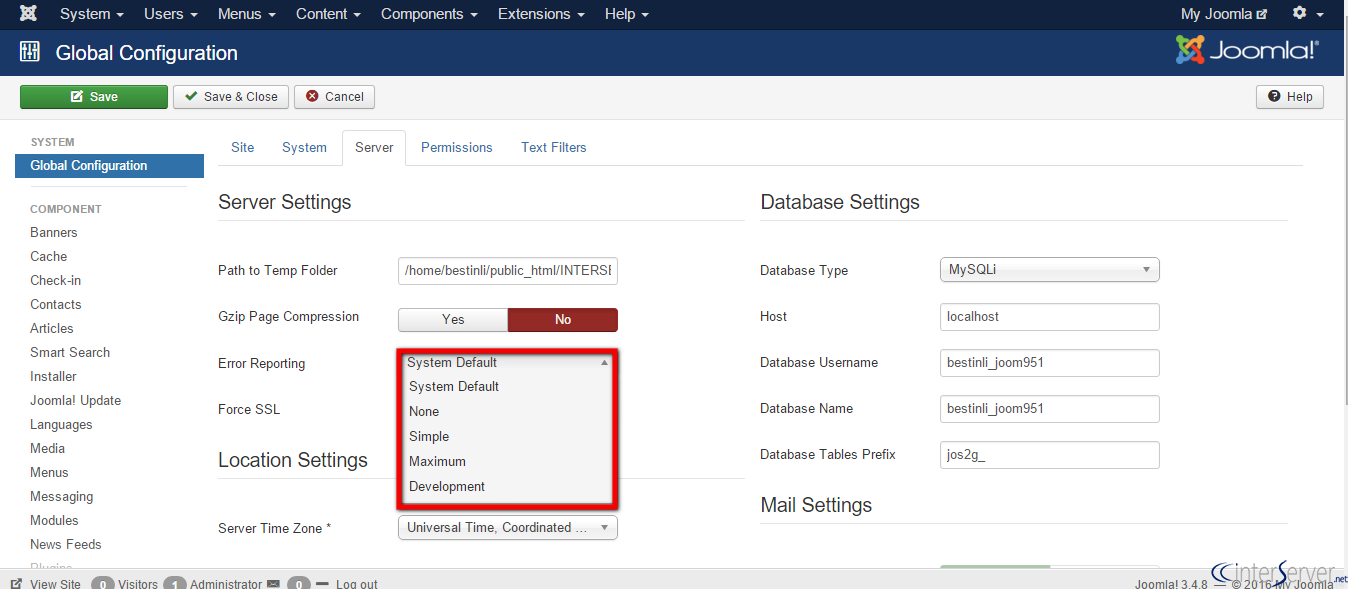 Error Reporting Settings in Joomla