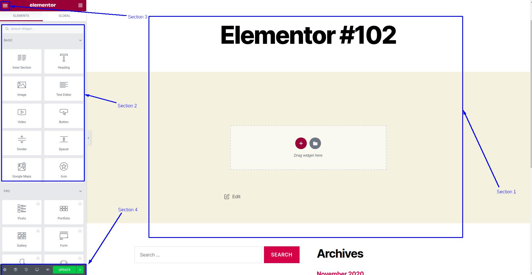 Different sections of Elementor page builder
