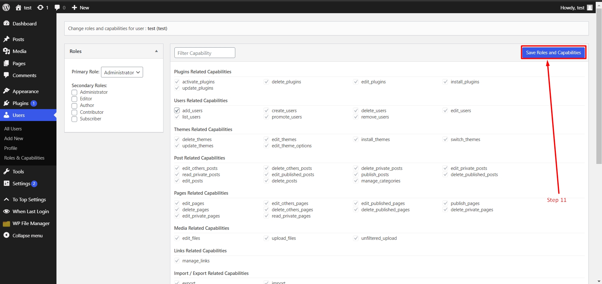 Save user roles and capabilities